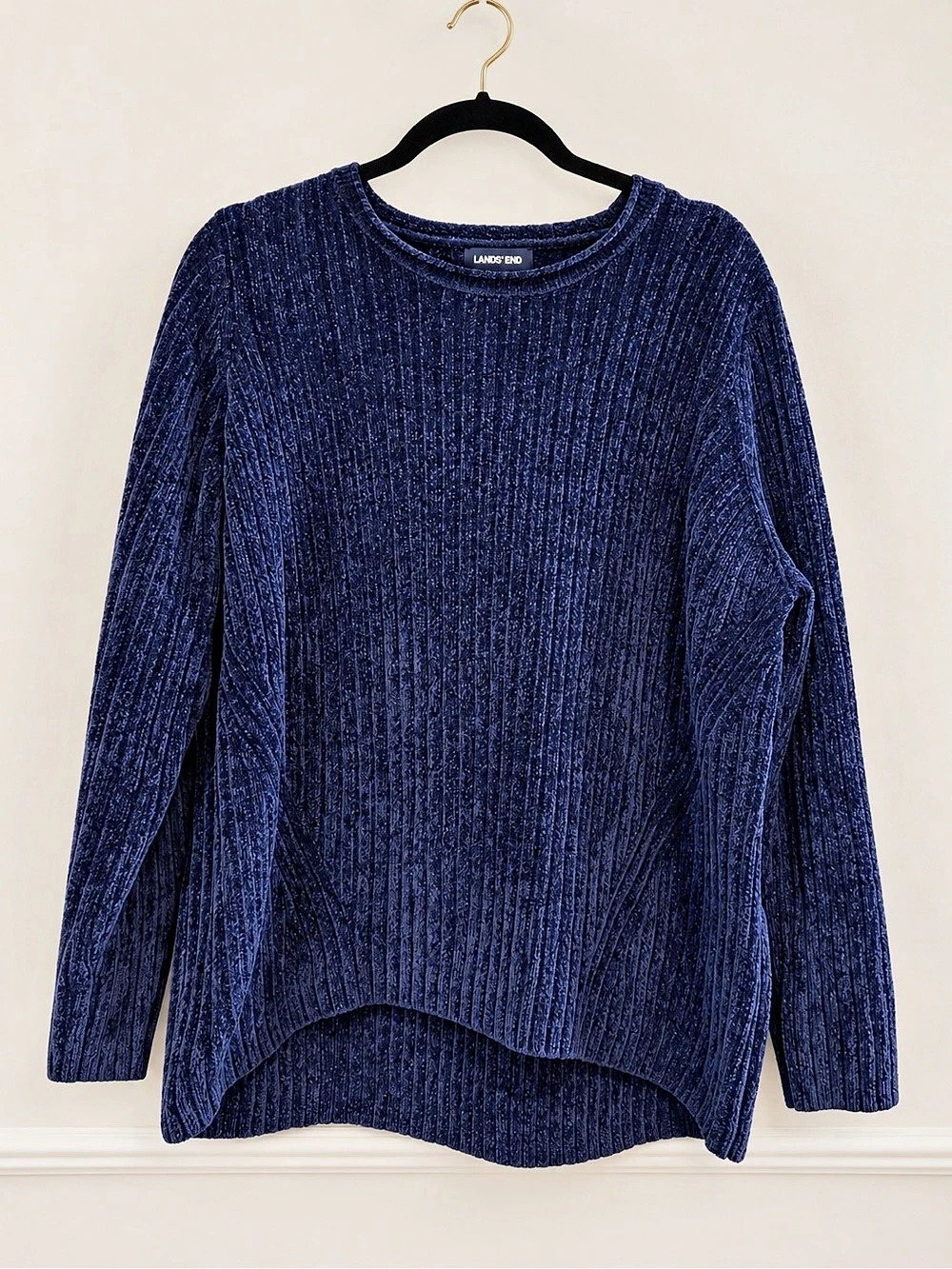 Lands’ End Women’s 1X Navy Blue Chenille Ribbed Sweater 16W 18W High Low Hem